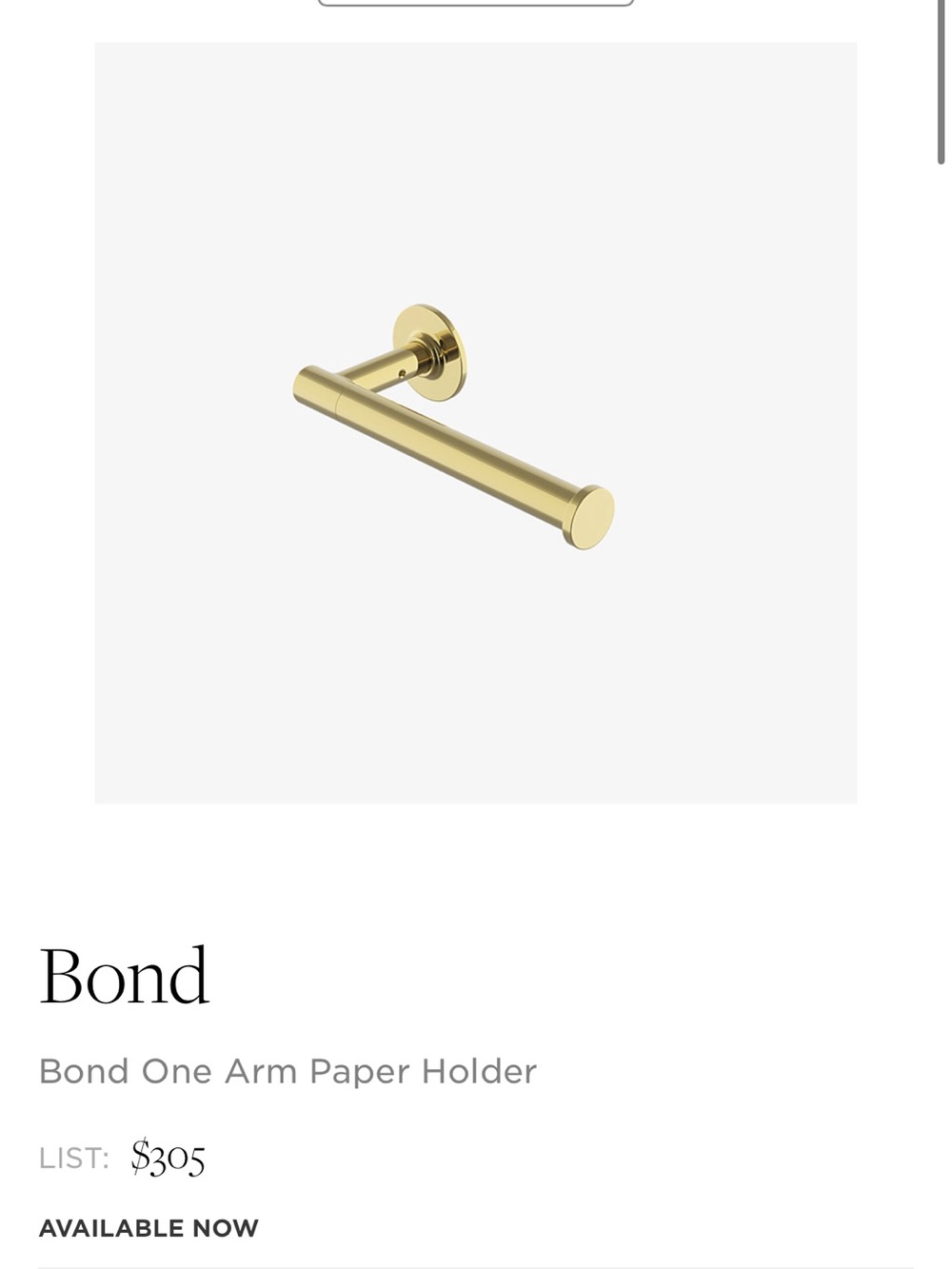 Waterworks Bond One Arm Paper Holder in Polished Brass Toilet Paper Holder NIB
